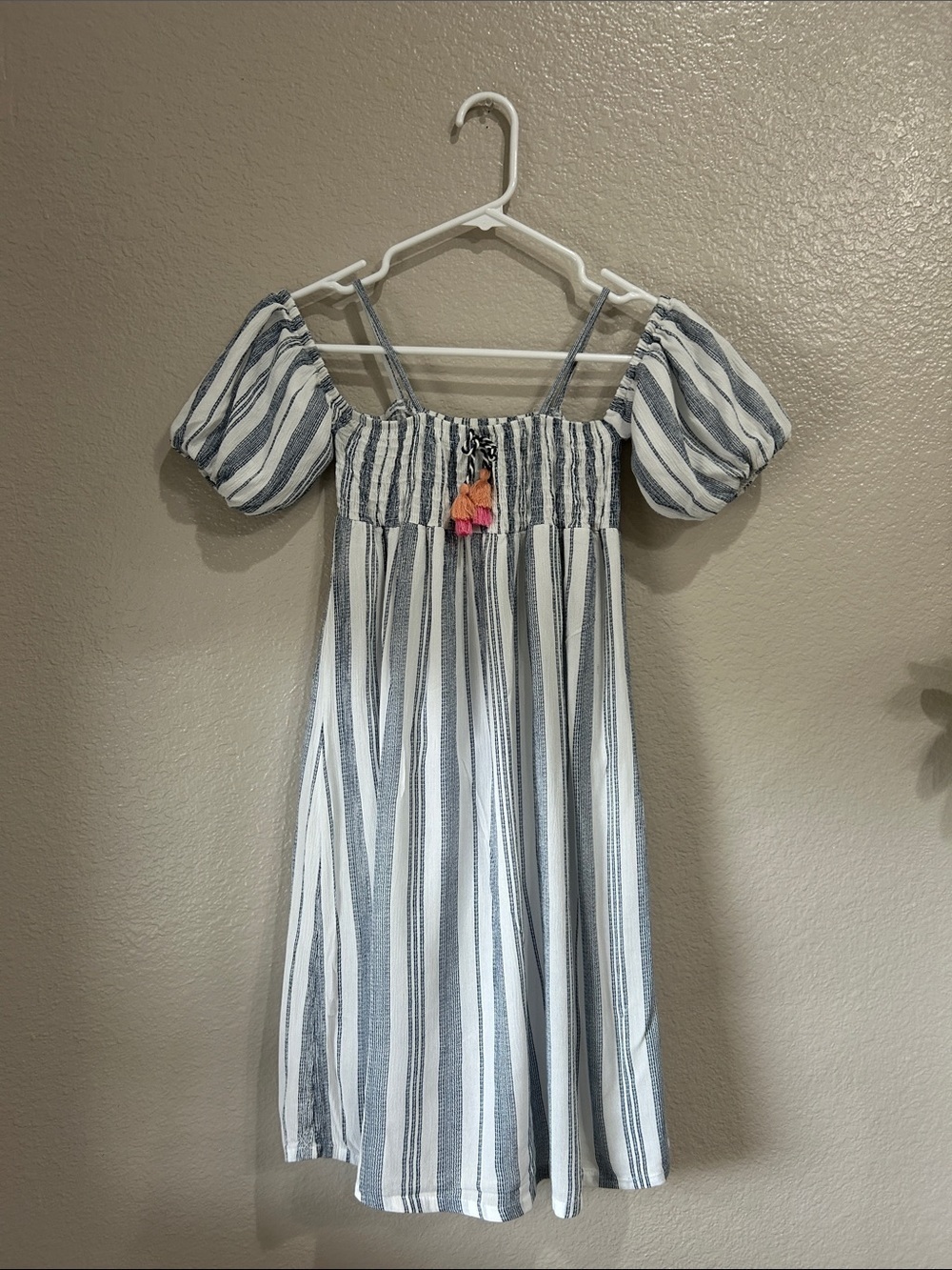 Jessica Simpson Youth Girl Sz 12 Blue White Striped Puff-Sleeve Dress Summer